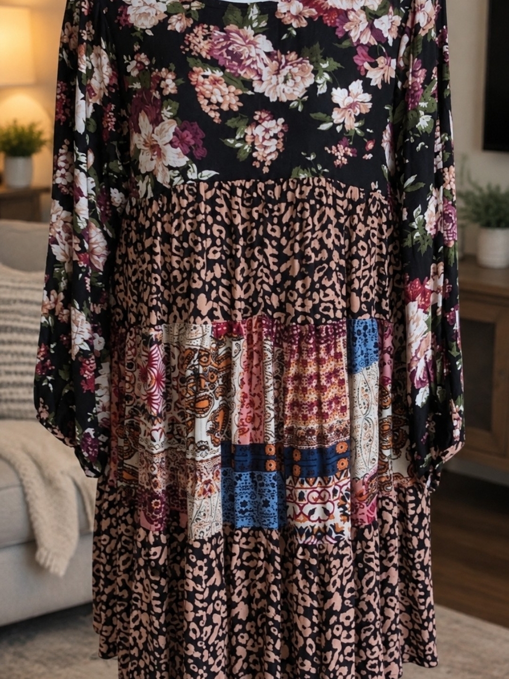 Umgee colorful mixed-print patchwork Long Sleeve Tiered Midi Dress